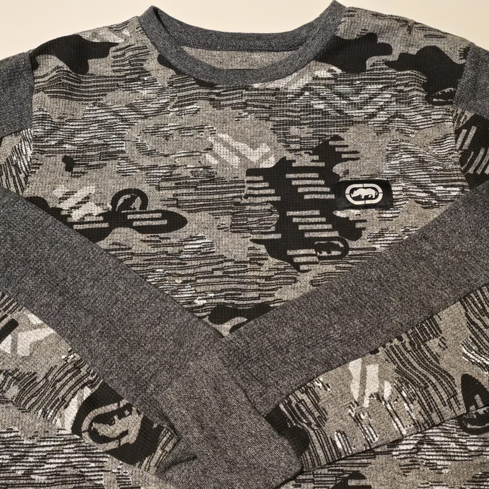Ecko Unltd Men Shirt Small Gray Thermal Long Sleeve Crew Neck Y2K